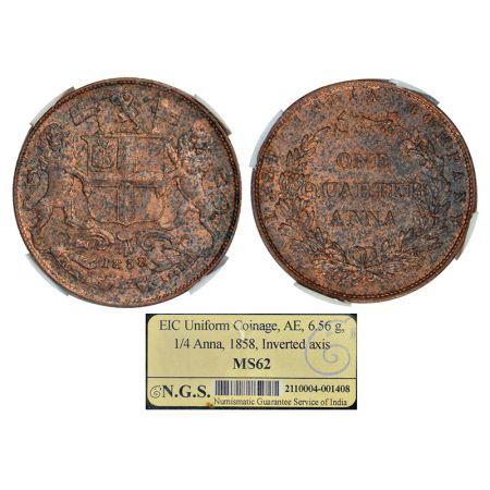 East India Company, copper ¼ anna, 1858, Birmingham mint, single leaf, PR 156; GK 231-232.