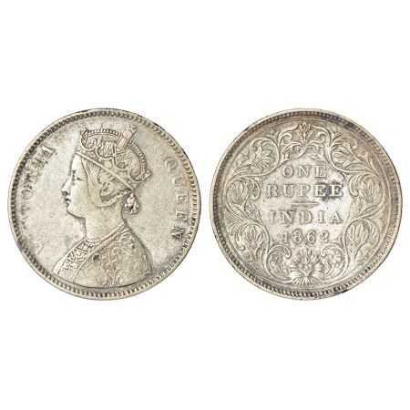 Victoria Queen, silver rupee, 1862, Calcutta mint, Mule, A/II, no crescent/ no 'v', large 