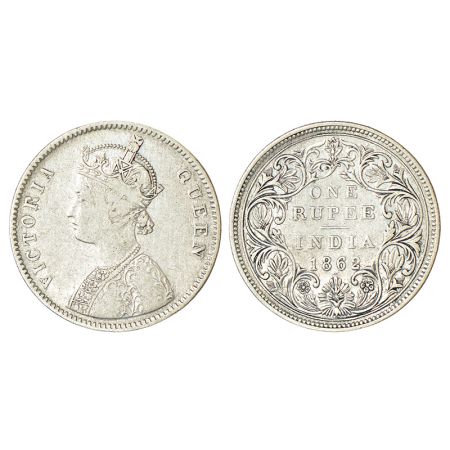 Victoria Queen, silver rupee, 1862, Bombay mint, A/II/1/7, top dot within top flower, PR 9