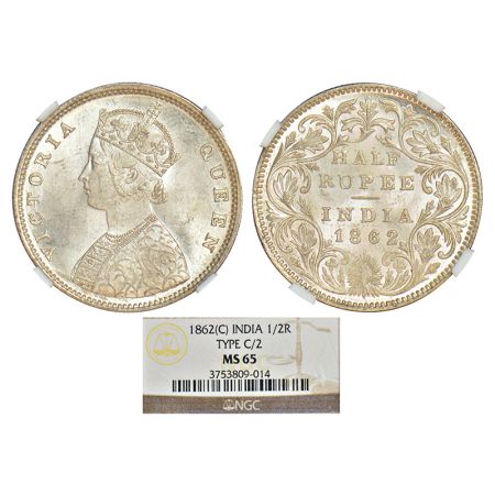Victoria Queen, silver ½ rupee, 1862, Calcutta mint, C/II, L.C. Wyon's design on obverse, 