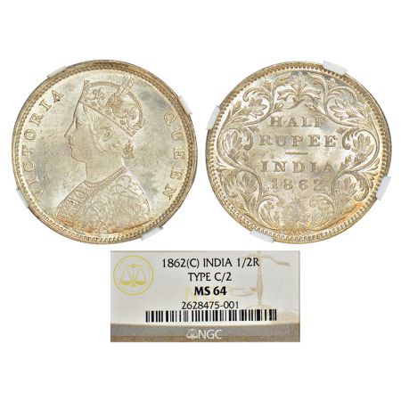 Victoria Queen, silver ½ rupee, 1862, Calcutta mint, C/II, L.C. Wyon's design on obverse, 