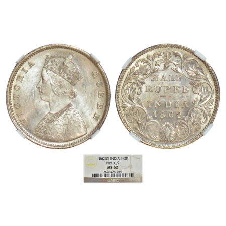 Victoria Queen, silver ½ rupee, 1862, Calcutta mint, C/II, L.C. Wyon's design on obverse, 