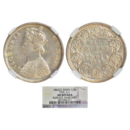 Victoria Queen, silver ½ rupee, 1862, Calcutta mint, A/I/'V' raised, PR 255; GK 370. NGC g