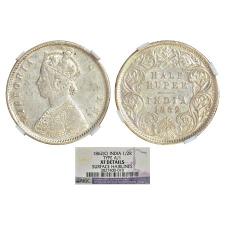 Victoria Queen, silver ½ rupee, 1862, Calcutta mint, A/I/'V' raised, PR 255; GK 370. NGC g