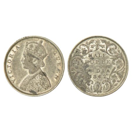 Victoria Queen, silver ½ rupee, 1862, Bombay mint, B1/II, round pearls in the crown, PR 25