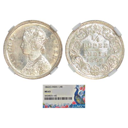 Victoria Queen, silver ¼ rupee, 1862, Calcutta mint, A/I, PR 376; GK 375. NGC graded MS63,