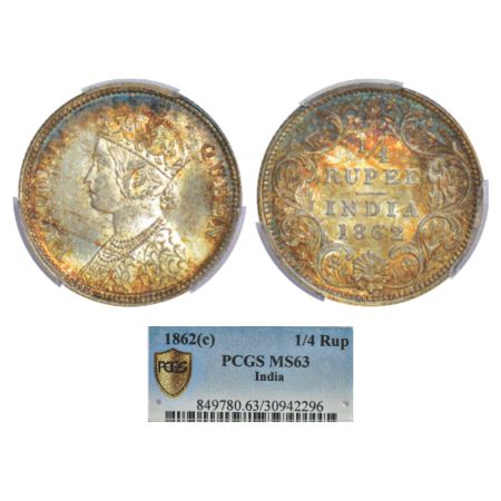 Victoria Queen, silver ¼ rupee, 1862, Calcutta mint, A/I, PR 376; GK 375. PCGS graded MS63