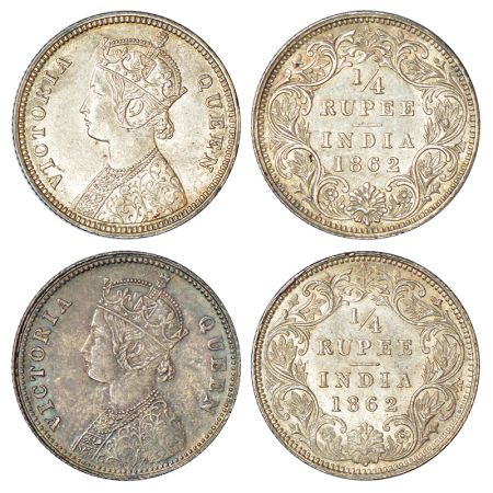 Victoria Queen, silver ¼ rupee (2), 1862, Calcutta mint, A/I/no mm, PR 376. (2 coins) Unci