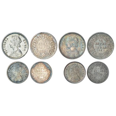 Victoria Queen, silver coins (4), 1862, (A) ¼ rupee (2), 1x Calcutta mint, A/I/no mm, PR 3