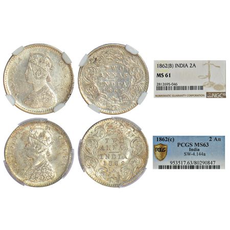 Victoria Queen, silver 2 annas (2), 1862, 1x Calcutta mint, PCGS graded MS63 and 1x Bombay