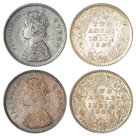 Victoria Queen, silver 2 annas (2), 1862, Calcutta mint, top three petals of the bottom or