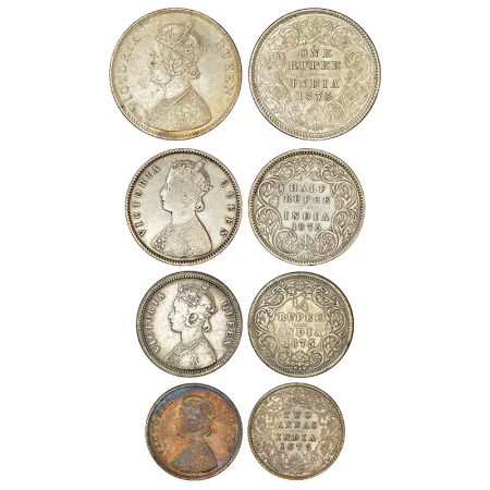 Victoria Queen, set of 4 silver coins, 1875, rupee, ½ rupee, ¼ rupee and 2 annas.(4 coins)
