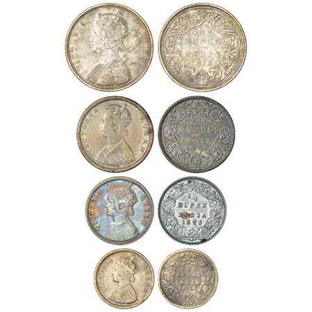 Victoria Queen, set of 4 silver coins, 1876, rupee, ½ rupee, ¼ rupee and 2 annas. (4 coins