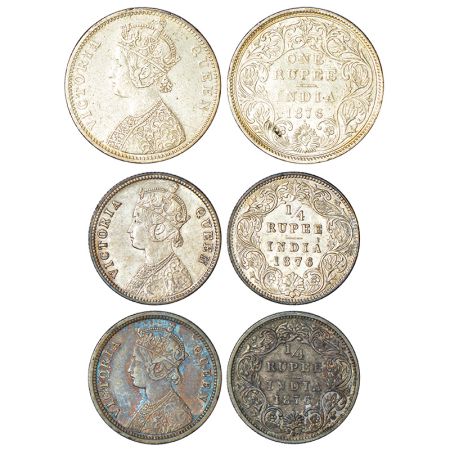 Victoria Queen, silver coins (3), 1876, 1x rupee, Bombay mint, A5/II/dot, obv. without cre