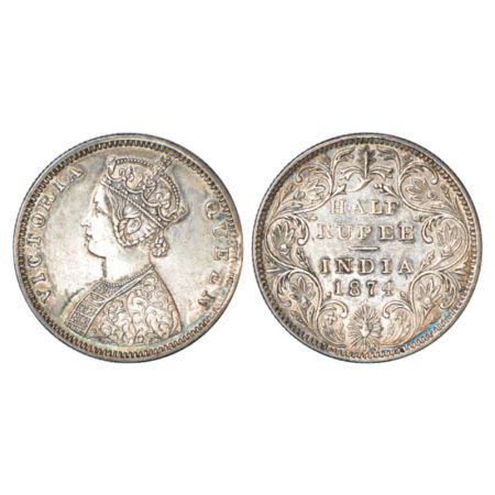 Victoria Queen, silver ½ rupee, 1874, Bombay mint, B2/II/dot, PR 285. Mint mark is faint, 