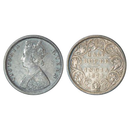 Victoria Queen, silver ½ rupee, 1874, Bombay mint, B2/II/dot, PR 285. Very Fine, Rare.