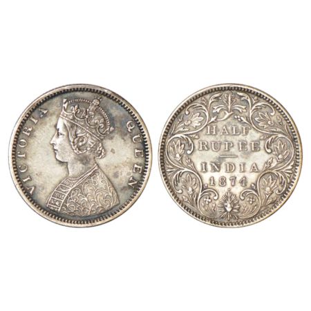 Victoria Queen, silver ½ rupee, 1874, Bombay mint, B2/II/dot, PR 285. Very fine, Rare.