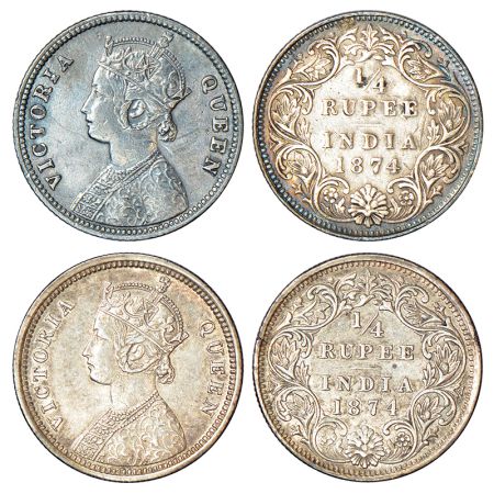 Victoria Queen, silver ¼ rupee (2), 1874, Calcutta mint, A/I/no mm, PR 379 and Bombay mint