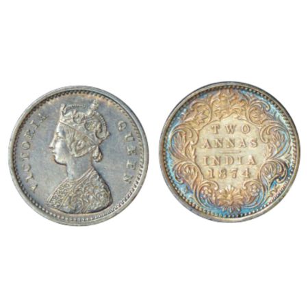 Victoria Queen, silver 2 annas, 1874, Bombay mint, A/I/no mm, PR 516. About Uncirculated, 