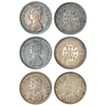 Victoria Queen, silver 2 annas (3), 1874, Bombay mint, A/I/no mm, PR 516. (3 coins) Good v