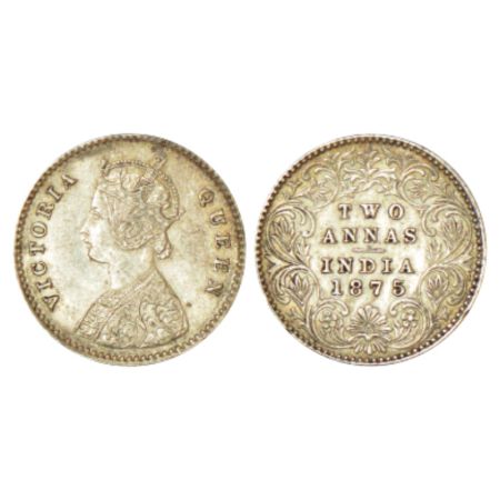 Victoria Queen, silver 2 annas, 1875, Calcutta mint, A/I/no mm, PR 489. About uncirculated