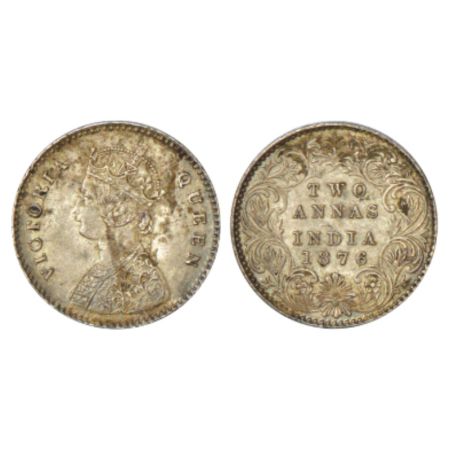 Victoria Queen, silver 2 annas, 1876, Calcutta mint, A/I/no mm, PR 490. Stain marks otherw