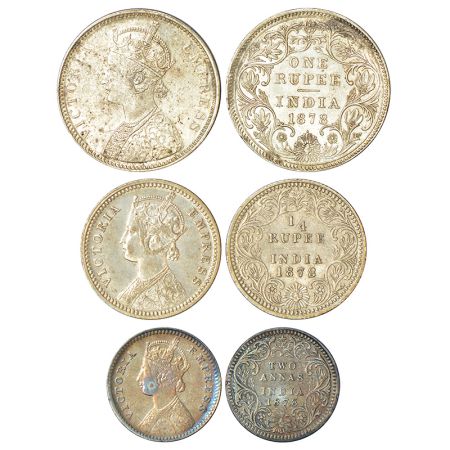 Victoria Empress, set of 3 silver coins, 1878, rupee, ¼ rupee and 2 annas. (3 coins) Very 