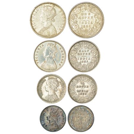 Victoria Empress, set of 4 silver coins, 1886, rupee, ½ rupee, ¼ rupee and 2 annas.(4 coin
