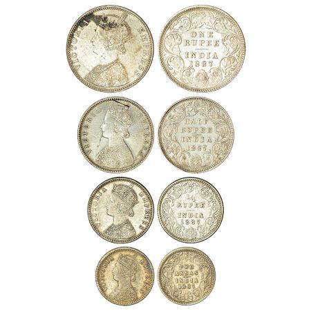 Victoria Empress, set of 4 silver coins, 1887, rupee, ½ rupee, ¼ rupee and 2 annas.(4 coin