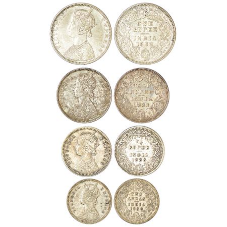 Victoria Empress, set of 4 silver coins, 1888, rupee, ½ rupee, ¼ rupee and 2 annas. (4 coi