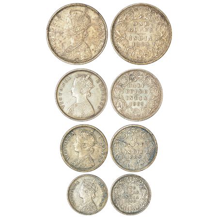 Victoria Empress, set of 4 silver coins, 1889, rupee, ½ rupee, ¼ rupee and 2 annas. (4 coi