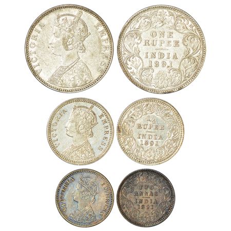 Victoria Empress, set of 3 silver coins, 1891, rupee, ¼ rupee and 2 annas. (3 coins) Extre