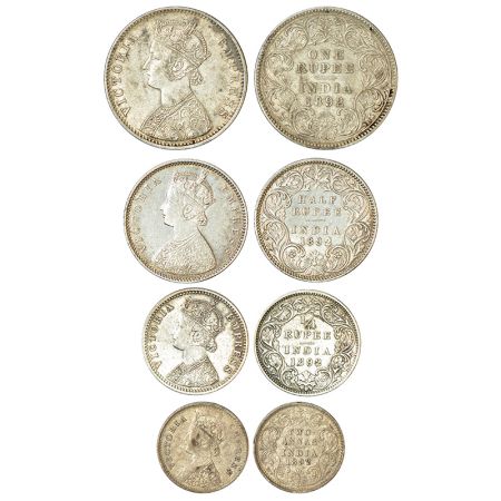Victoria Empress, set of 4 silver coins, 1892, rupee, ½ rupee, ¼ rupee and 2 annas. (4 coi