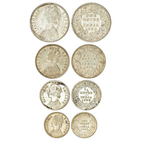 Victoria Empress, set of 4 silver coins, 1893, rupee, ½ rupee, ¼ rupee and 2 annas. (4 coi
