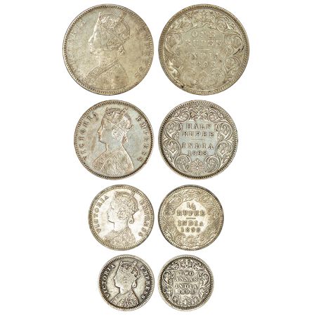 Victoria Empress, set of 4 silver coins, 1898, rupee, ½ rupee, ¼ rupee and 2 annas. (4 coi