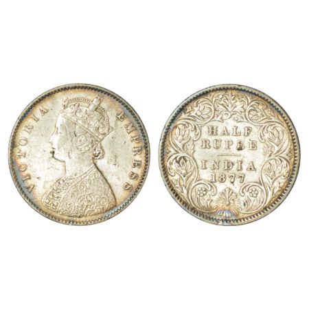 Victoria Empress, silver ½ rupee, 1877, Calcutta mint, A/I, no mm, PR 261. Scratches, Very