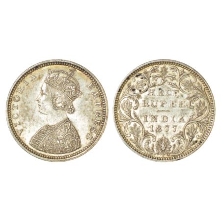 Victoria Empress, silver ½ rupee, 1877, Bombay mint, B2/II/dot, PR 288. Slight edge knock 