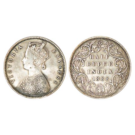 Victoria Empress, silver ½ rupee, 1888, Bombay mint, A/II/B raised, PR 298. Minor dent on 