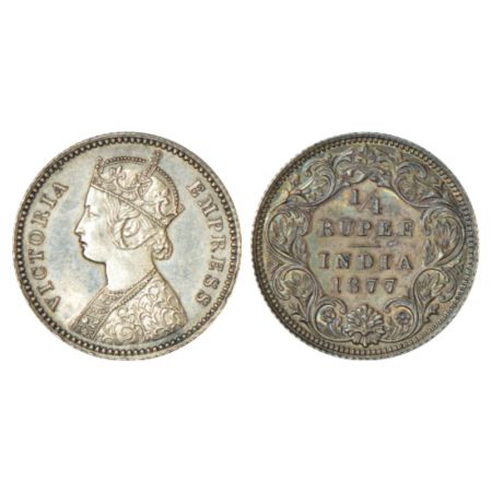 Victoria Empress, silver ¼ rupee, 1877, Calcutta mint, B/I/no mm, PR 382. Uncirculated, Ra