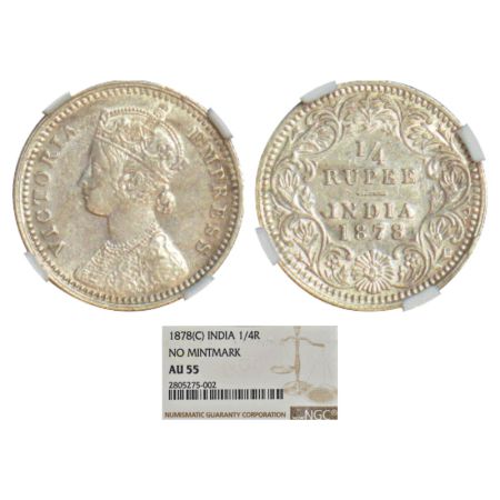 Victoria Empress, silver ¼ rupee, 1878, Calcutta mint, C/II, no mm, PR 383; GK 673. NGC gr