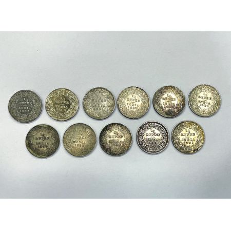 Victoria Empress, silver ¼ rupee (11), 10x Calcutta mint - 1883, PR 388; 1885, 390; 1888, 