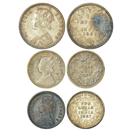 Victoria Empress, silver coins (3), 1887, 1x ¼ rupee, Bombay mint, C/II/B raised, PR 420 a