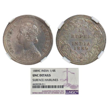 Victoria Empress, silver ¼ rupee, 1889, Calcutta mint, C/II/'C' incused, PR 394; GK 716. N