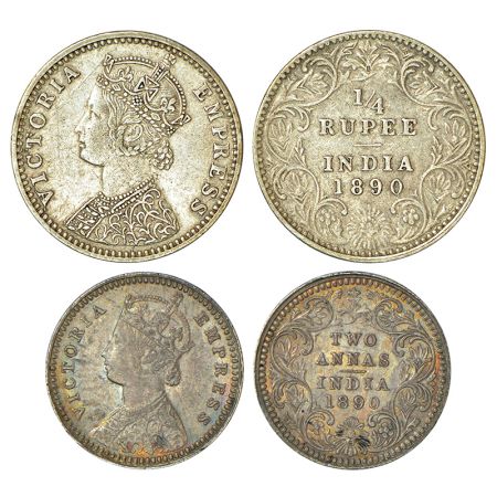 Victoria Empress, silver coins (2), 1890, 1x ¼ rupee, Bombay mint, C/II/B incused, PR 424 