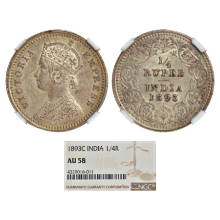 Victoria Empress, silver ¼ rupee, 1893, Calcutta mint, C/II/'C' incused, PR 398; GK 725. N