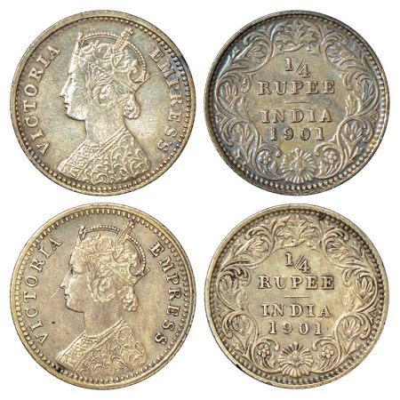 Victoria Empress, silver ¼ rupee (2), 1901, Calcutta mint, C/II/C incused, PR 404.(2 coins