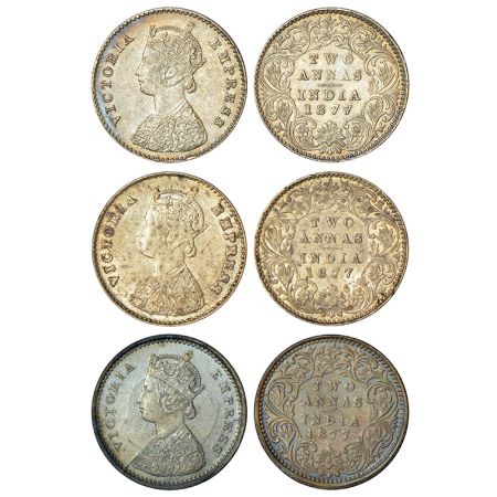 Victoria Empress, silver 2 annas (3), 1877, 2x Calcutta mint, A/I/no mm, PR 491; 1x Bombay