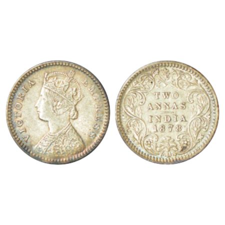 Victoria Empress, silver 2 annas, 1878, Calcutta mint, B/II/no mm, PR 493. Extremely fine,
