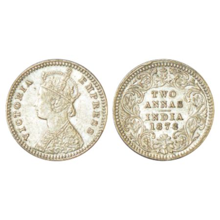 Victoria Empress, silver 2 annas, 1878, Calcutta mint, B/II/no mm, PR 493. About extremely