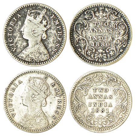 Victoria Empress, silver 2 annas (2), 1880 and 1881, Calcutta mint, B/II/C incused, PR 495